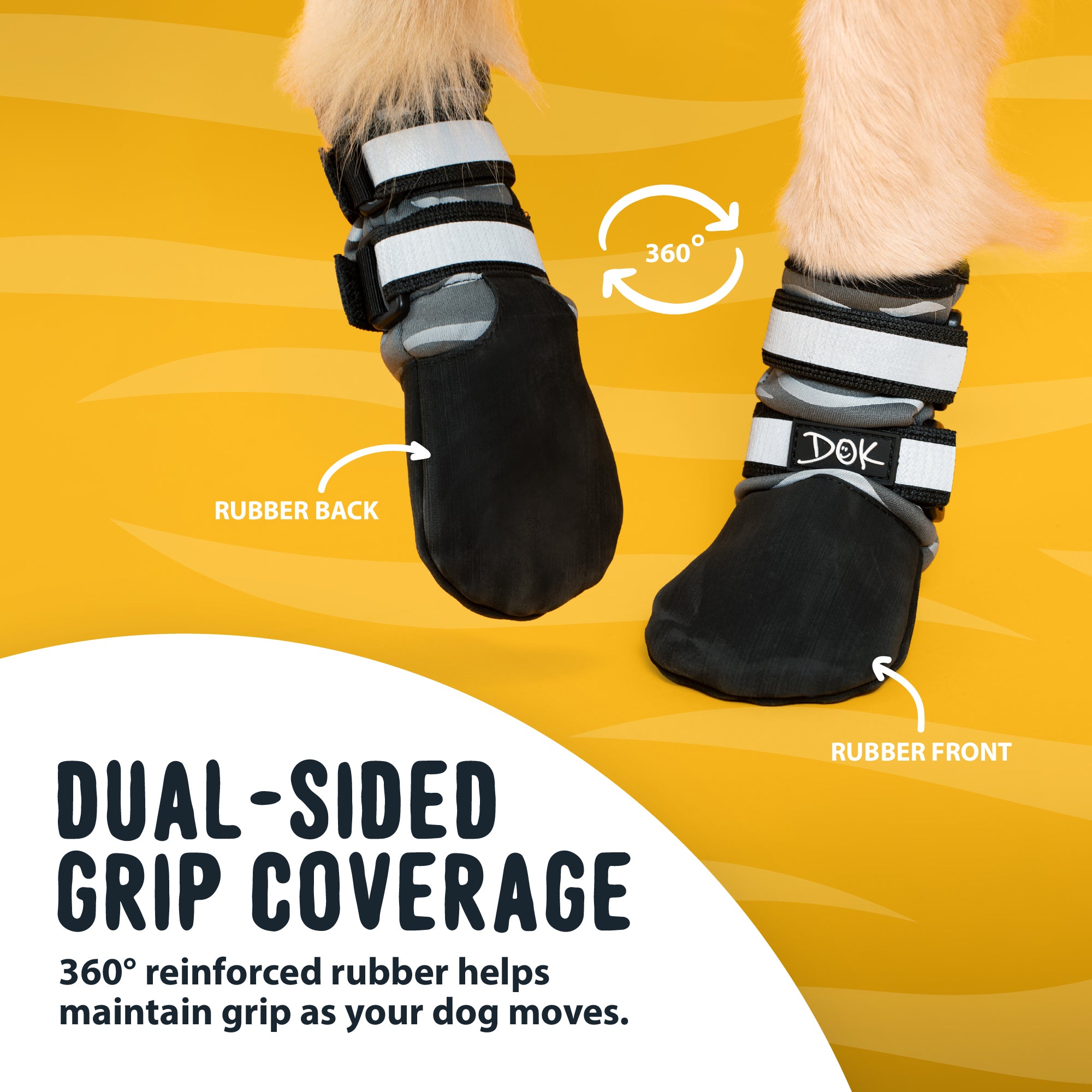 A pair of black dog booties with white and gray straps, shown on a dog's feet against a yellow background with text explaining dual-sided rubber grip coverage.