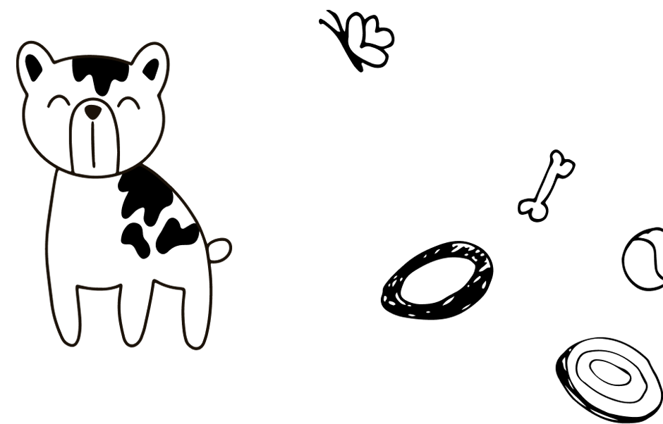 an illustrated dog that is happily playing with it's dog toys because it is no longer dog foot licking