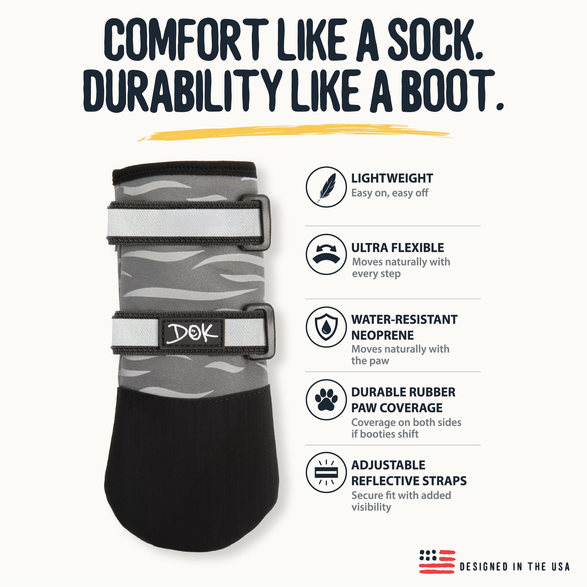A dog boot with a gray and black camouflage pattern and reflective straps, shown next to a list of product features on a light beige background.