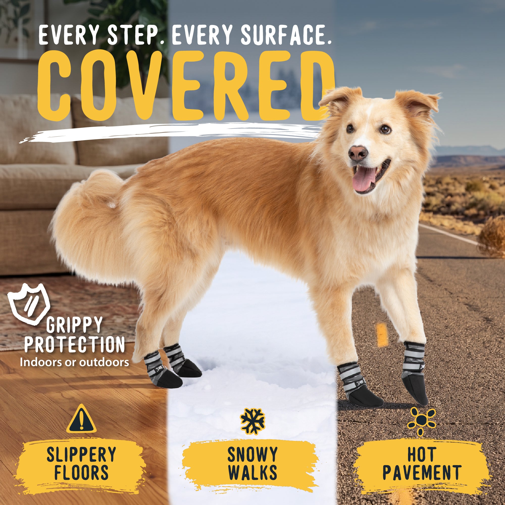 A golden retriever in dog boots  in an outdoor desert setting, with text overlays highlighting grip, protection, and use on slippery floors, snowy walks, and hot pavement.