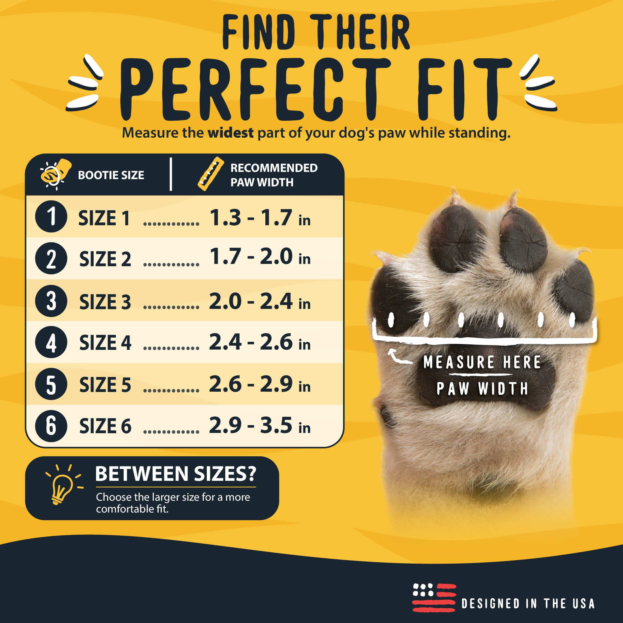 An informational fit chart for dog booties titled 'FIND THEIR PERFECT FIT' on a yellow background. The left side lists bootie sizes 1 through 6 with recommended paw widths in inches.